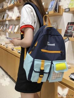 Bird in Bag - Minimalist Color Block Casual Backpack Blue Student Backpack, Modern Blue Bags With Pockets, Casual Blue Student Backpack, Blue Bags For Back To School, Blue Backpack-style Shoulder Bag With Pockets, Trendy Blue Backpack For School, Trendy Blue Backpack For Daily Use, Trendy Blue School Backpack, Blue Shoulder Backpack With Pockets