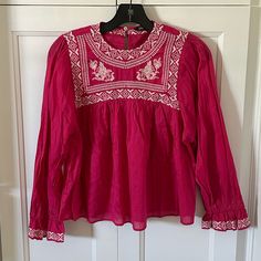 Beautiful Dark Pink Embroidered Top From Zara. In Excellent New Condition. Size: Xs 21” Long From Shoulder To Hem Fitted Long Sleeve Top With Embroidered Hem, Casual Long Sleeve Top With Contrast Embroidery, Casual Fitted Embroidered Top With Intricate Embroidery, Fitted Casual Top With Intricate Embroidery, Fitted Casual Embroidered Top With Intricate Embroidery, White Zara Embroidered Top, Zara Embroidered Tops For Spring, Casual Fitted Embroidered Top With Chikankari, Fitted Casual Top With Chikankari Embroidery