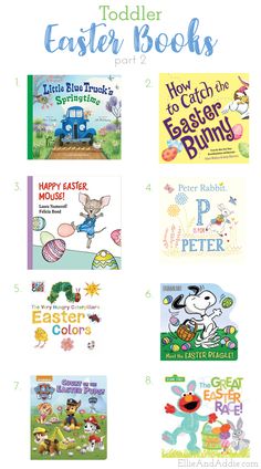 the easter books for toddlers are shown in this page, with text overlaying them