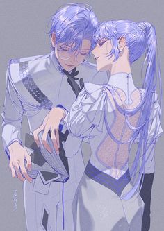 two people are dressed in white and one is holding a cell phone while the other has blue hair