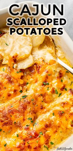 a casserole dish with potato chips in it and the title reads cajun scalloped potatoes