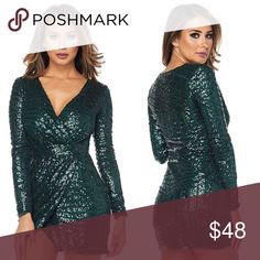 Short Dress with Sequin Detail Shine bright with our Long Sleeve Short Dress With Sequin Detailing This sequins dress is totally eye-catching!     Long sleeve Textured V-neck  Body-con style 100% POLYESTER Dresses Mini Green Surplice Neckline Mini Dress For Party, Fitted V-neck Mini Dress For Holiday, Green Surplice Neckline Party Dress, Green V-neck Mini Dress, Green V-neck Dressy Mini Dress, Fitted Mini Dress With V-neck For Holidays, Sequins Dress, Long Sleeve Short Dress, Polyester Dress