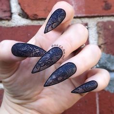 Black Lace Nails, Long Black Nails, Vintage Nails