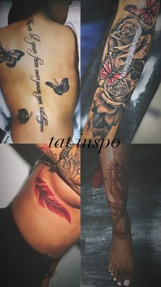 three different tattoos on the back of a woman's body and arm, both with roses