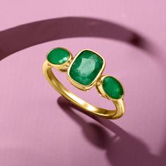 Ross-Simons - 2.80ct t. w. Emerald Three-Stone Ring in 18kt Yellow Gold Over Sterling. Size 6. An RS exclusive. Who wouldn't love a classic design in bright green? With three 2.80 ct. t. w. oval and rectangular cushion-cut emeralds bezel-set in glossy 18kt yellow gold over sterling silver, this ring is bound to become a lifelong go-to. 3/8" wide. Emerald three-stone ring. Emerald birthstones are the perfect gift for May birthdays. Emerald Three Stone Ring, May Birthdays, Emerald Birthstone, Rectangular Cushion, May Birthday, Ring Emerald, Jade Ring, Three Stone Rings, Three Stone