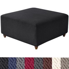 an upholstered footstool with multiple colors