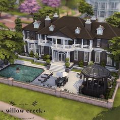 an artist's rendering of a large house with a pool and gazebo in the front yard