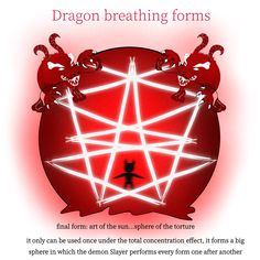 a red background with white text and an image of three demonic creatures in the center