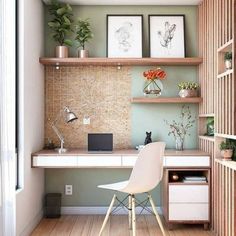 a white chair sitting in front of a desk