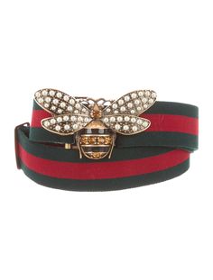 Hunter and crimson Gucci Web belt with adjustable buckle accent and antiqued gold-tone engraved bee buckle featuring faux-pearl and crystal embellishments and hook closure. Designer size 100/40. Gucci Web Belt, Web Belt, Gucci Accessories, Crystal Embellishment, Belt Size, Antique Gold, Faux Pearl, Embellishments, Gold Tones