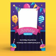 a birthday card with balloons and confetti on the side, in front of a yellow background