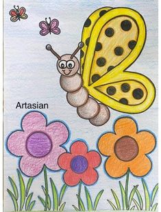 a drawing of a butterfly and flowers