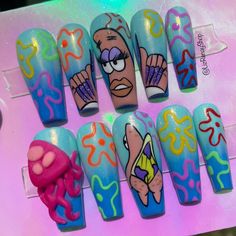 Patrick Star Nail Art, Sassy Patrick Star, Patrick Nails Spongebob, Halloween Spongebob Nails, Sponge Bob Nail Art, Patrick Star Nails, Spongebob Nails Acrylic, Peppa Pig Nails