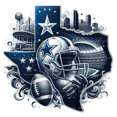 a drawing of a football helmet with the city skyline in the background and stars on it