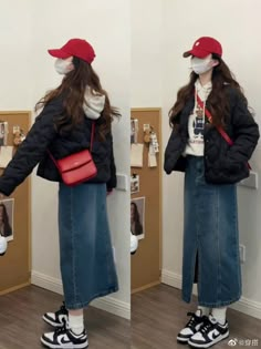 Autumn Korean Aesthetic, Autumn Outfits Japan Street Styles, Japan Fits Fall, Long Jean Skirt Outfits Korean, Korean Winter Outfits Skirts, Korean Denim Skirt Outfit Ideas, Taiwan Outfit Winter, Taiwan Winter Outfit, Denim Skirt Outfit Korean