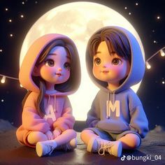 two dolls sitting on the ground in front of a full moon