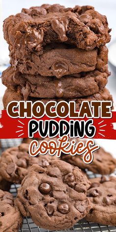 chocolate pudding cookies stacked on top of each other with the words, chocolate pudding coffee