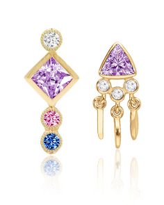 two pairs of earrings with different colored stones on the side and one is yellow gold