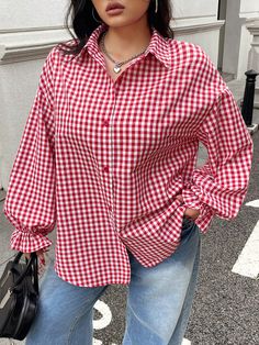 Plus Size Women's Red And White Plaid Print Button Front Long Sleeve Shirt Red and White Casual  Long Sleeve Woven Fabric Gingham,Plaid Shirt Non-Stretch  Women Plus Clothing, size features are:Bust: ,Length: ,Sleeve Length: Red And White Plaid, Plaid Print, Inspiration Mode, Plus Size Blouses, White Casual, White Plaid, Kids Beachwear, Plus Size Tops, Wide Leg Jeans