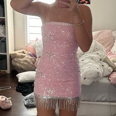 Never Worn,So Cute And Fun Sparkly Pink Outfit, Moonrise Outfits, Y2k Dress, Light Pink Dress, Gold Sequin Dress, Hoco Dresses, Gold Sequin, Pink Outfit, Beaded Dress