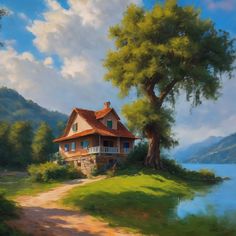 an oil painting of a house by the water with a tree in front of it