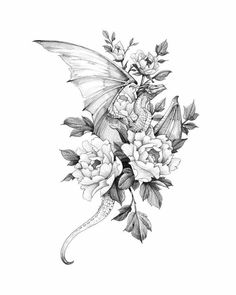 a black and white drawing of flowers with a dragon sitting on it's back