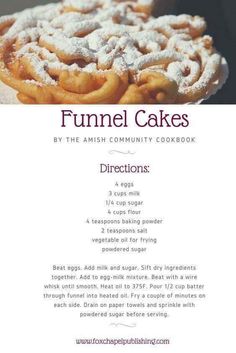 the funnel cake recipe is shown with instructions