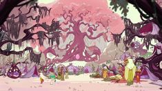 an animated scene with many people in the background and pink trees on the other side