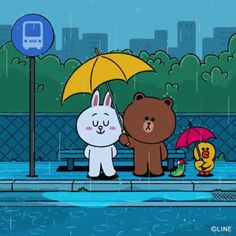 two cartoon bears standing in the rain with an umbrella