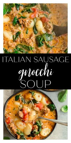 italian sausage and gnocchi soup with spinach in a skillet on the side