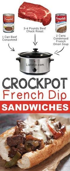 an advertisement for crockpot french dip sandwiches with instructions on how to cook them