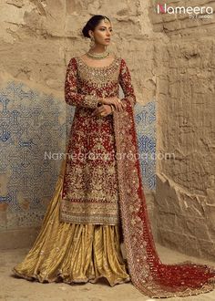 Traditional Gold and Red Bridal Dress Pakistani is an epitome of royalty and glamour to wear at the wedding. The lavish fine details of goldwork, kora dabka, and handcrafted embellishments make this breathtaking Pakistani Bridal Dress your foremost priority for the big day. Shirt: Bridal shirt in the red shade has premium quality pure silk mesori fabric. Zardosi work and french knots give a classy look to the red kameez. Kora dabka work and gold work make this embellished kameez a perfect choice Bridal Dress Pakistani, Bridal Gharara, Golden Lehenga, Net Shirt, Pakistani Bridal Dress, Dress Pakistani, Red Bridal Dress, Bridal Shirts, Latest Bridal Dresses