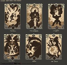 four different types of art nouveau style artwork on black and white paper, each with an image of a demon