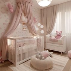 Pink bedroom design idea #pink #bedroom #interiordesignideas #babygirl #girlbedroom Girls Nursery Ideas Pink, Crib In Front Of Window, Baby Room Ideas Girl, Babyroom Girl, Baby Pink Nursery, Baby Girls Bedroom, Pink Baby Nursery