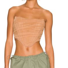 New With Tags, Tan Corset With Mesh Overlay Strapless Nylon Tops For Spring, Spring Nylon Bandeau Top, Spring Bandeau Nylon Top, Womens Tops, Women Shopping, Clothes, Color