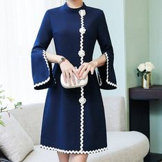 Elegant Vintage Pearl Buttons Flare Three-Quarter Sleeve Midi Dress 100 % Polyester Bust: 34" Waist: 28" Length: 39" Blue Shift Dresses For Party, Blue Shift Dress For Party, Elegant Navy Mini Dress For Spring, Elegant Navy Spring Dresses, Navy A-line Spring Dress, Navy A-line Dress For Spring, Spring Navy A-line Dress, Spring Formal Navy Dress, Navy Formal Dress For Spring