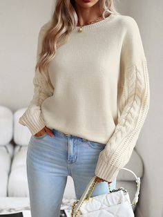 Long Sleeves Loose Solid Color Round-Neck Pullovers Sweater BEIGE-S Pull Rose, Beige Pullover, Outfit Jeans, Knit Style, Drop Shoulder Sweaters, Nikko, Long Sleeve Knit Sweaters, Knit Sleeve, Round Neck Sweaters