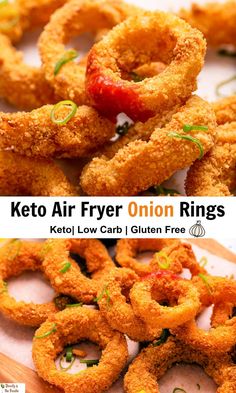 Air Fryer Onion Rings on a cutting board with a side of ketchup. Keto Onion Rings, Air Fryer Onion Rings, Gluten Free Beauty Products, Real Food Snacks, Keto Air Fryer, Best Keto Meals, No Carb Recipes, Low Carb Side Dishes, Keto Recipes Dinner