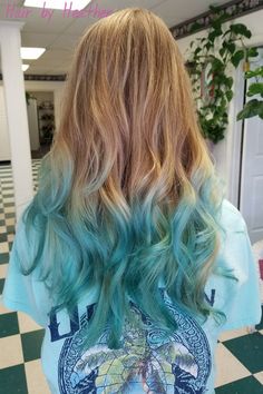 Teal Ombre Hair, Teal Mermaid, Dyed Tips, Mermaid Hair Color, Dyed Hair Pastel, Ombre Blond