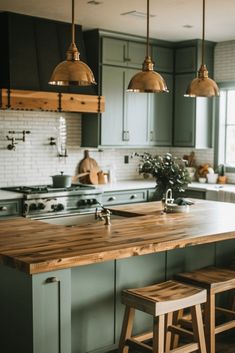 a kitchen with wooden counter tops and stools next to an island in the middle