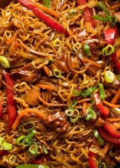 noodles with meat, peppers and green onions in a skillet on a white plate