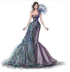 a drawing of a woman in a purple dress with feathers on her head and shoulders