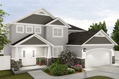 this is an artist's rendering of a two story house with white trim and gray shingles