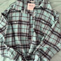 Worn Once For A Few Hours, Pretty Much New Without Tags Blue Button-up Everyday Flannel Shirt, Green Collared Cotton Flannel Shirt, Cropped Flannel, Cheap Green Button-up Flannel Shirt, Cheap Blue Button-up Flannel Shirt, Blue Button-up Flannel Shirt With Snap Buttons, Hooded Flannel, Gingham Jacket, Camo Shirts