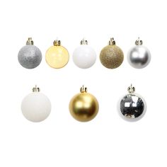 christmas ornaments are arranged in different colors and sizes