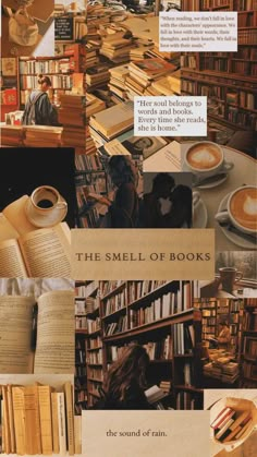 a collage of books, coffee cups, and other items in the same photo