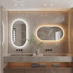 a bathroom with two sinks, mirrors and a plant in the middle of the room