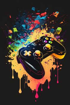 a painting of a video game controller with colorful paint splatters on the background