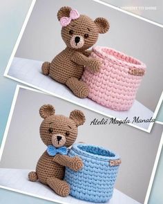 two pictures of teddy bears sitting next to each other and one has a crocheted basket