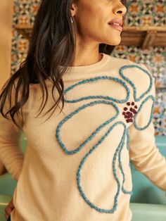 Big Daisy Crewneck  Lingua Franca NYC Peach XS Cashmere Sweater Embroidery, Punch Needle Sweater, Embroidered Knit Sweater, Yarn Daisy, Clothing Recycling, Hand Embroidered Sweater, Teal And Peach, Fluffy Alpaca, Big Daisy